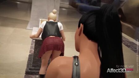 3D-Animation: Futanari-Freundinnen beim Sex in einem Museum