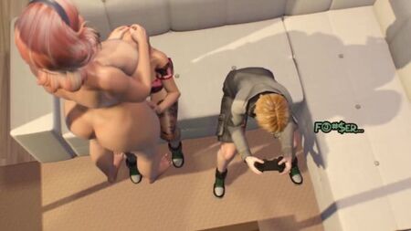 3D-Shemale-Mutter fickt ihre jugendliche Tochter – Cartoon: Transe fickt Mädchen, während der Sohn an der Konsole spielt – 3D-Futanari-Animation